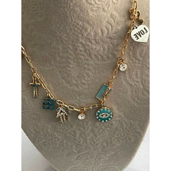 Aldo Gold-Tone Multi-Charm Pave Love Theme Necklace - Picture 2 of 5